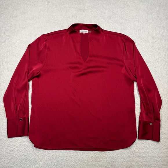 Calvin Klein Tops - Calvin Klein Red Top Blouse Long Sleeve Shirt 100% Polyester Women's Size L